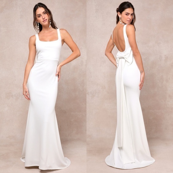 Lulus Dresses & Skirts - NWT Lulu’s Loving Fate Bow Square Neck Backless Maxi Wedding Dress Extra Large